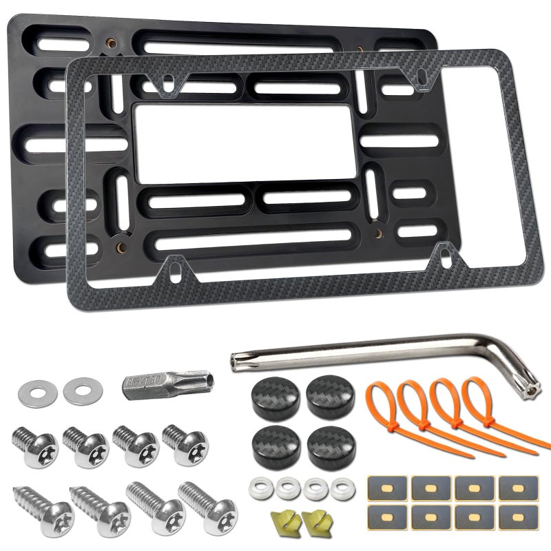 Aootf Front License Plate Bracket- Universal Front Bumper License Plate Mounting Kit, Car Tag Holder Adapter& Carbon Fiber Plate Cover, Anti-Theft Lock Screws, Caps, Nuts, For US Vehicle Trailer Truck - Image 1